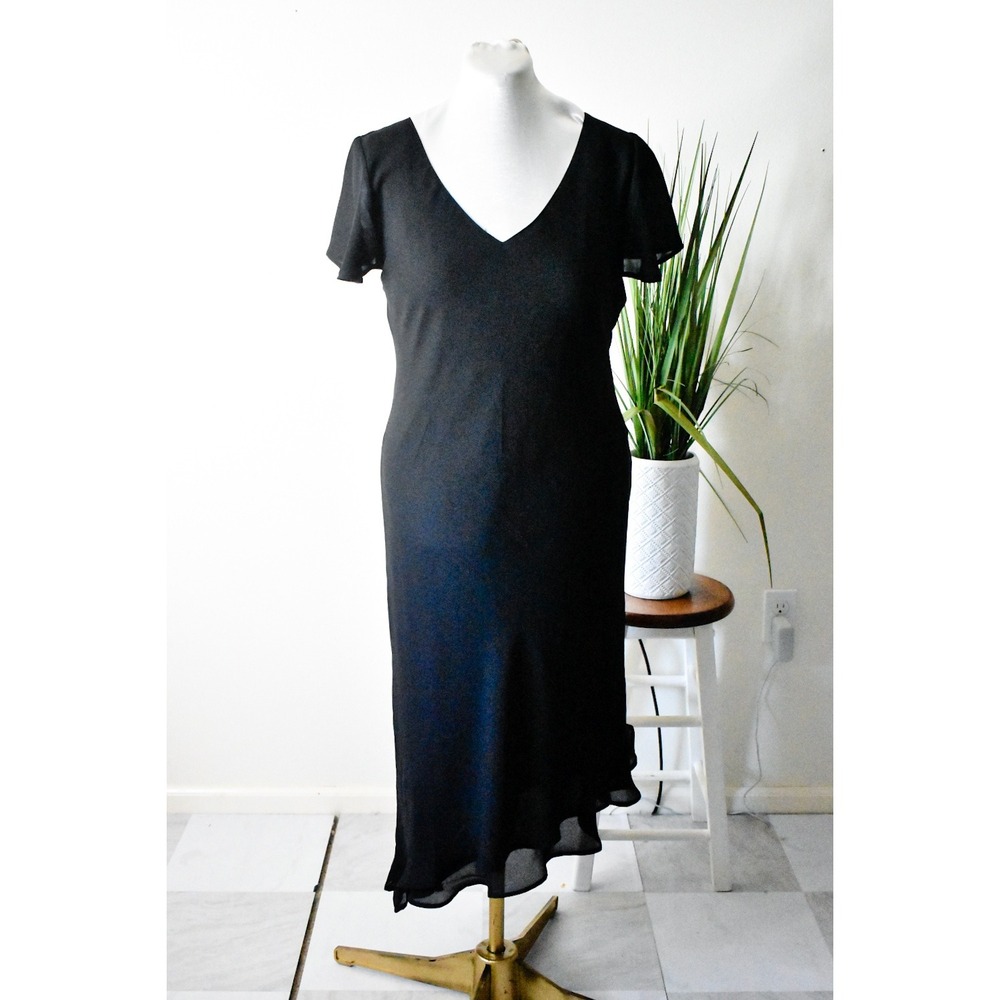 Mlle Gabrielle Dress Women 18 Black Y2K Bias Cut Ruffle Hem V-Neck Midi